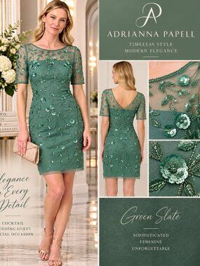 Adrianna Papell 2 Green Slate 3D Floral Beaded Sequin Sheath Dress NWT